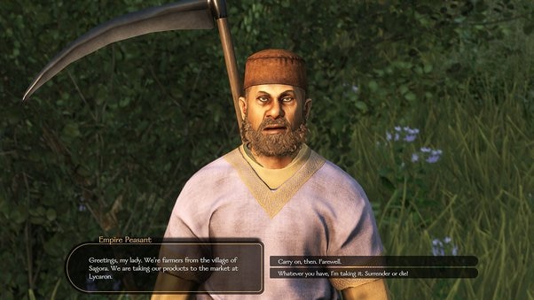 A game character talking to the player through a dialogue menu